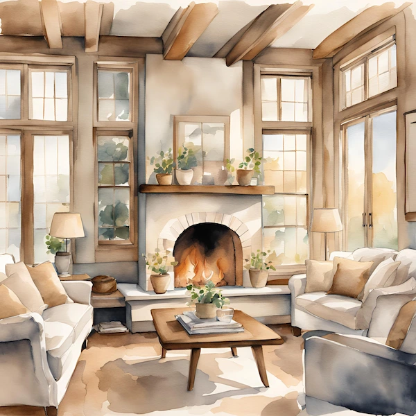 A watercolor modern cottage living room interior with white/beige and natural wood tones

