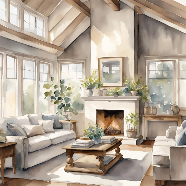 A watercolor image of a modern cottage living room interior with white and natural wood tones