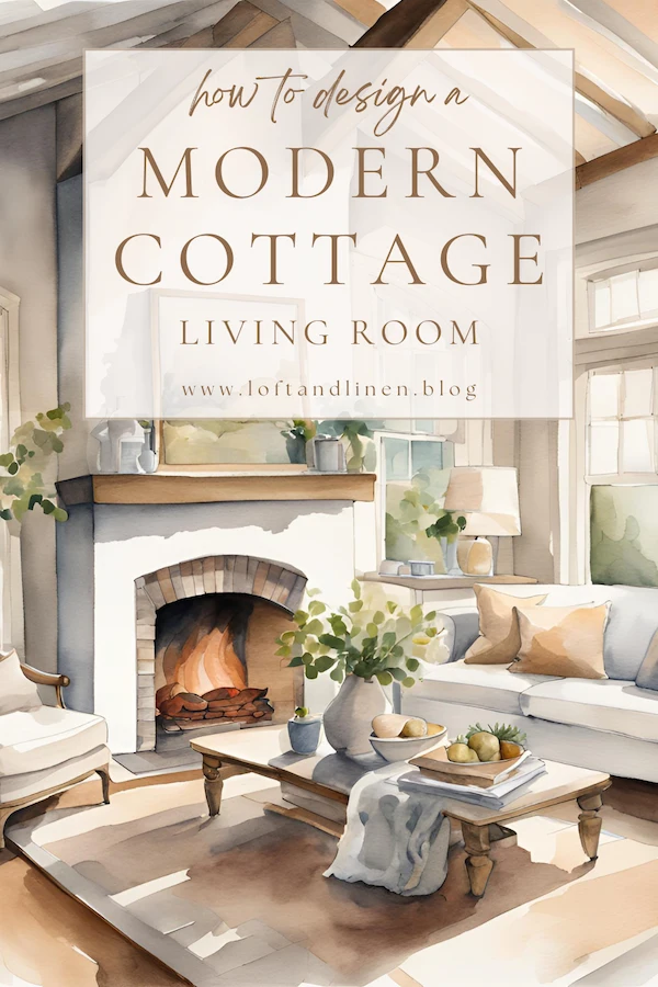 A watercolor living room with neutral beige and white tones with the text "how to design a modern cottage living room"