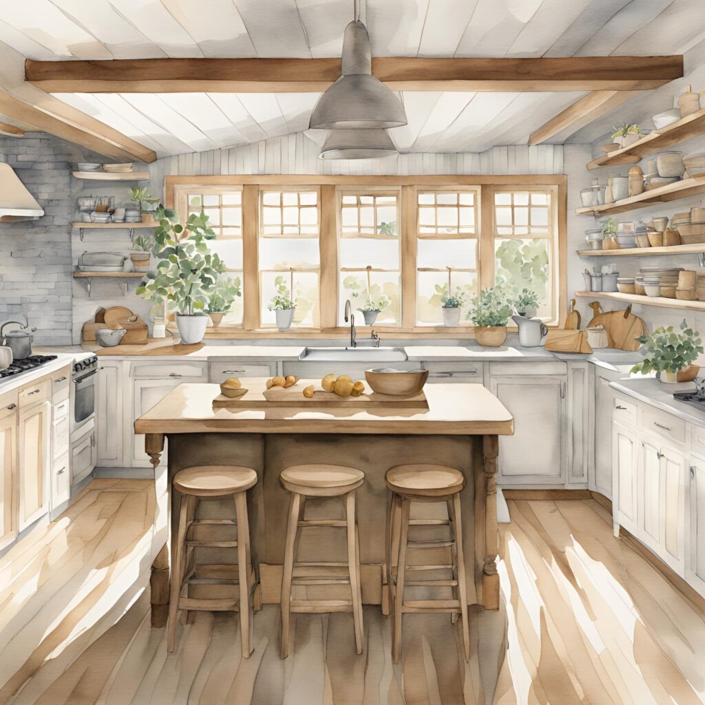 A watercolor art print of a cottage kitchen