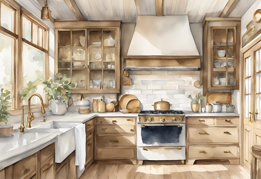 A watercolor art print of a cottage kitchen corner