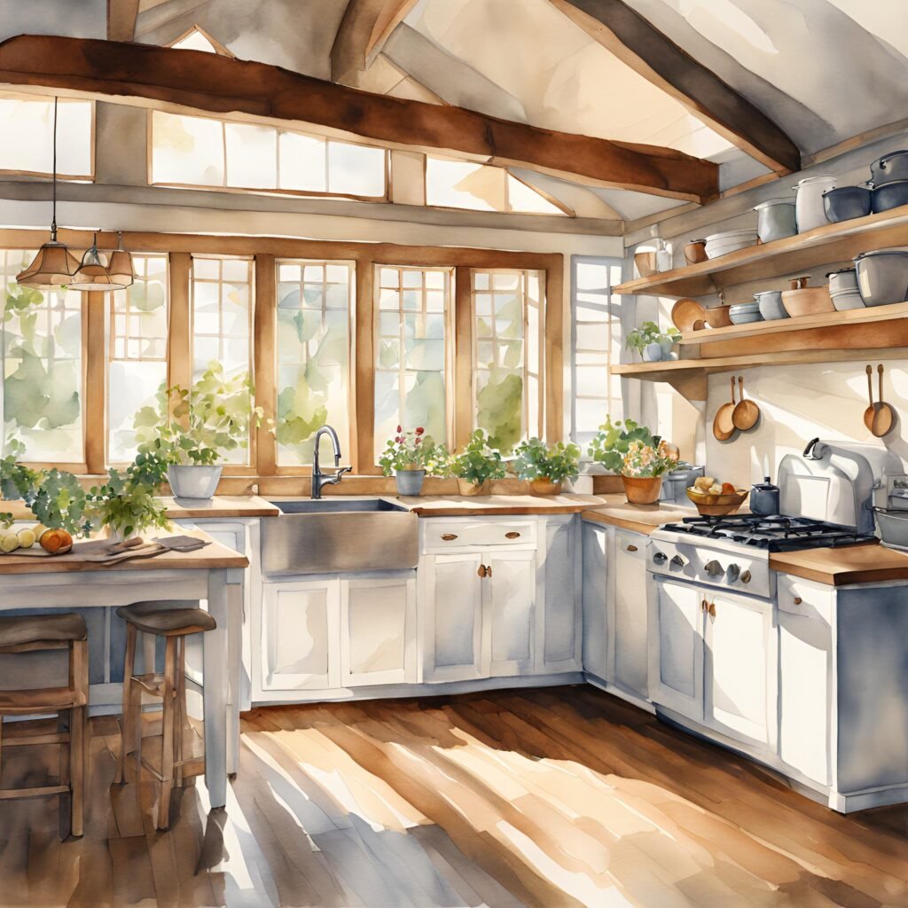 A watercolor art print of a cottage kitchen corner