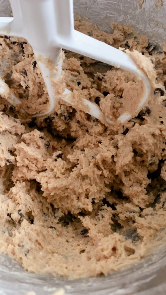 fresh milled cookie dough with chocolate chips in a mixing bowl